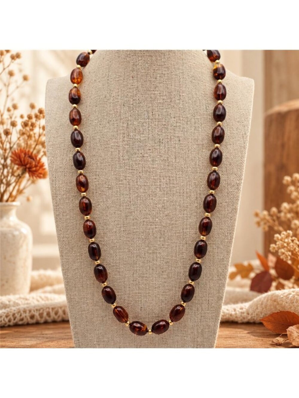 Faux Amber Lucite Oval Bead Necklace Gold Tone Spacers 23.5 In Vintage